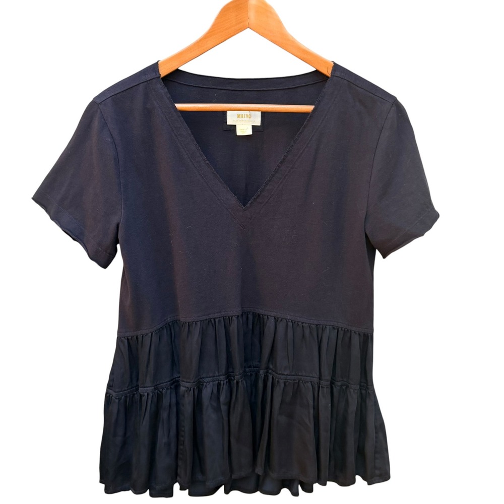 Maeve Louisa Top Womens Size Small Black Tiered Silky Ruffle Boho Minimalist - Picture 2 of 7